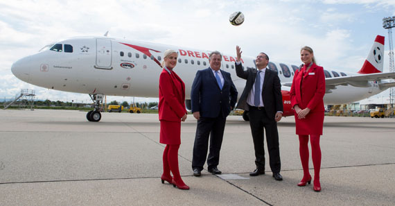 SCHWECHAT,AUSTRIA,02.MAY.16 - SOCCER - UEFA European Championship 2016 in France, preview, OEFB and AUA presentation of an Airbus A321 plane with special painting. Image shows Alfred Ludwig (OEFB) and Chief Financial Officer Heinz Lachinger (Austrian) with stewardesses. Photo: GEPA pictures/ Philipp Brem